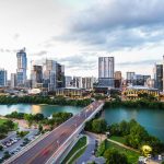 Aerial view of the Austin skyline and Congress Avenue Bridge