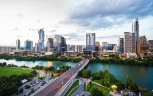 Aerial view of the Austin skyline and Congress Avenue Bridge