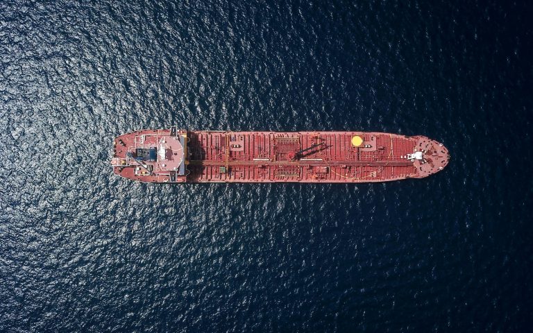 Aerial view of a tanker ship at sea