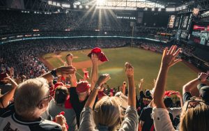 Fans watching a game from the stands of an arena